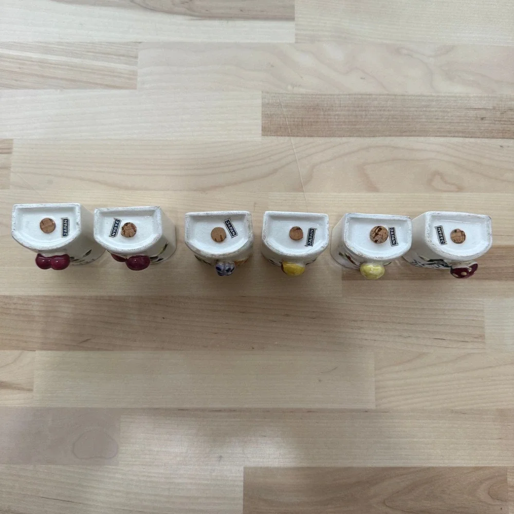 Vintage 50s Japanese Ceramic Hand Painted Fruit Motif Spice Shaker Set Six (6)